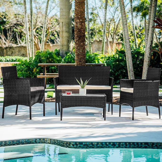 Nestl Wicker Patio Furniture - 4 Piece Outdoor Set with 2 Chairs, Loveseat, Glass Top Coffee Table, Perfect for Backyard, Pool or Front Porch (Black/Beige)