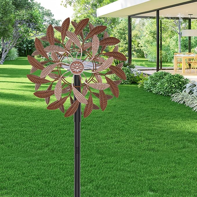 360° Wind Spinners Outdoor, Wind Sculptures Windmill with Metal Stake, Kinetic Large Metal Yard Art Decor Spinners Pinwheels for Garden Outside Patio Lawn, 63.2 * 13.2" (Rust Color)