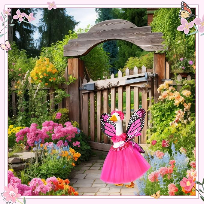 5pcs Butterfly Porch Goose Outfit Costume Tutu Skirt Butterfly Wing Wand Flower Crown for 17‘' 23‘' Cement Goose