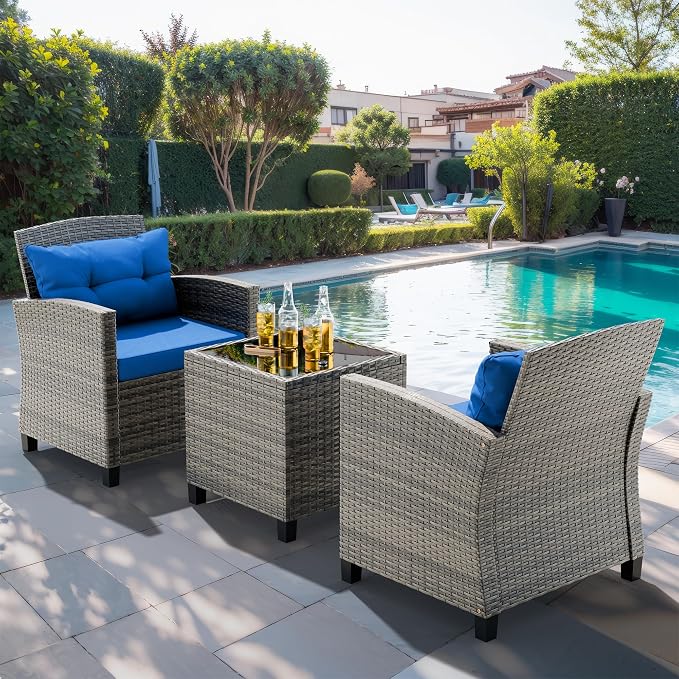 JAMFLY 3 Piece Wicker Patio Furniture Set - Outdoor Rattan Conversation Set with Soft Cushions & Glass Coffee Table for Balcony, Porch, Small Backyard - All Weather Blue Bistro Set, Blue
