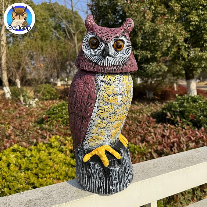 Solar Owl Guard with Motion Detector, Flashing Eyes, Spinning Head, Realistic Hooting and Silent Mode, Garden Owl, Outdoor Statue, Decoration for Home, Garden, Patio and Fence
