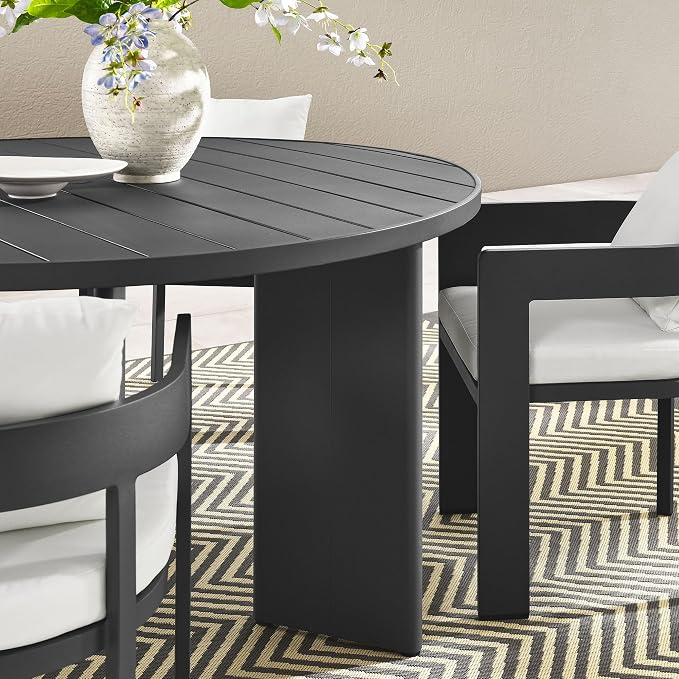 Modway Tahoe Outdoor Patio Powder-Coated Aluminum 5-Piece Dining Set in Gray White - Round Patio Furniture Set for 4 - Outside Table with Umbrella Hole and Cushioned Chairs - Modern Patio Set