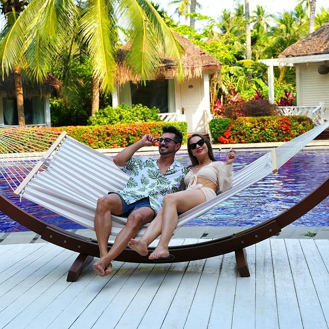 Lazy Daze Hammocks Quick Dry Hammock with Spreader Bar Textliene Fabric Double 2 Person Hammock with Chains Outdoor Patio Poolside Backyard Beach 450 lbs Capacity, Beige White Stripes