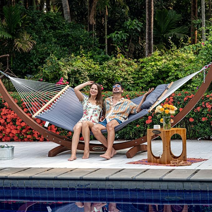 Lazy Daze Hammocks 10.5FT 2 Person Double Quilted Fabric Hammock with Spreader Bar, Detachable Pillow, Side Pocket, Carabiners, Chains, Straps for Outdoor, 450lbs Capacity, Grey