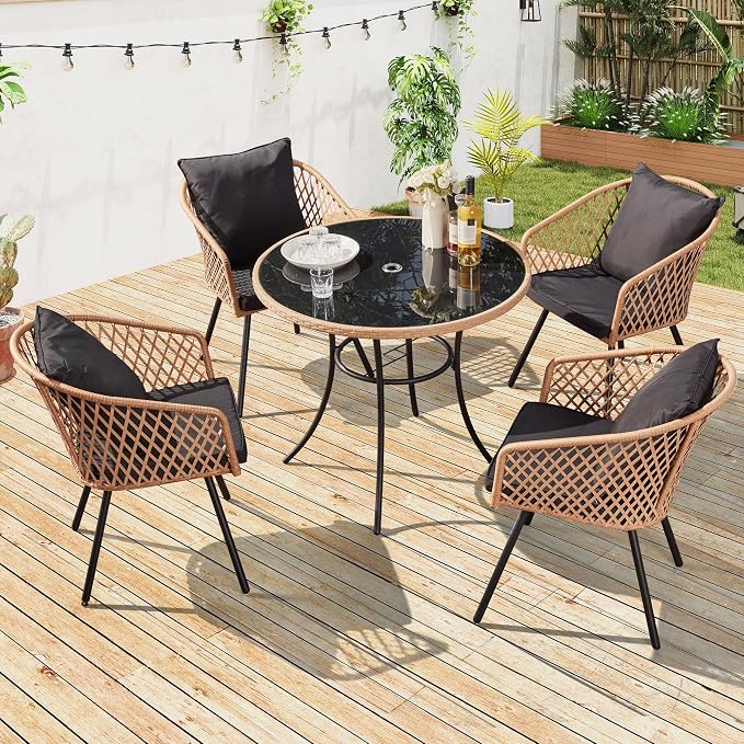 ECOTOUGE 5 Piece Patio Dining Set, Wicker Outdoor Furniture Set w/Glass Round Table, 4 PCS Chairs w/Waterproof Cushions for Backyard Garden Deck, Yellow/Black