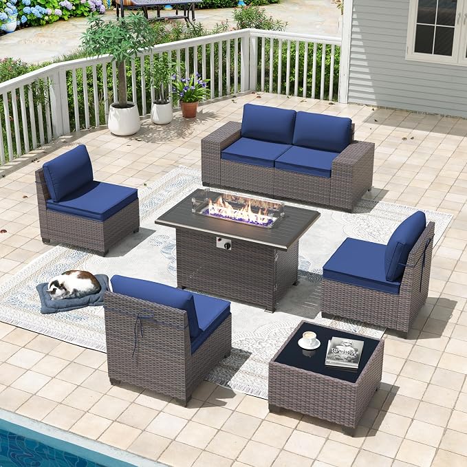 7 Pieces Outdoor Patio Furniture Set with 43"/55000BTU Gas Fire Pit Table,PE Rattan Wicker Outdoor Conversation Sofa Set Non-Slip Cushions Waterproof Covers for Backyard,Poolside,Garden,Navy