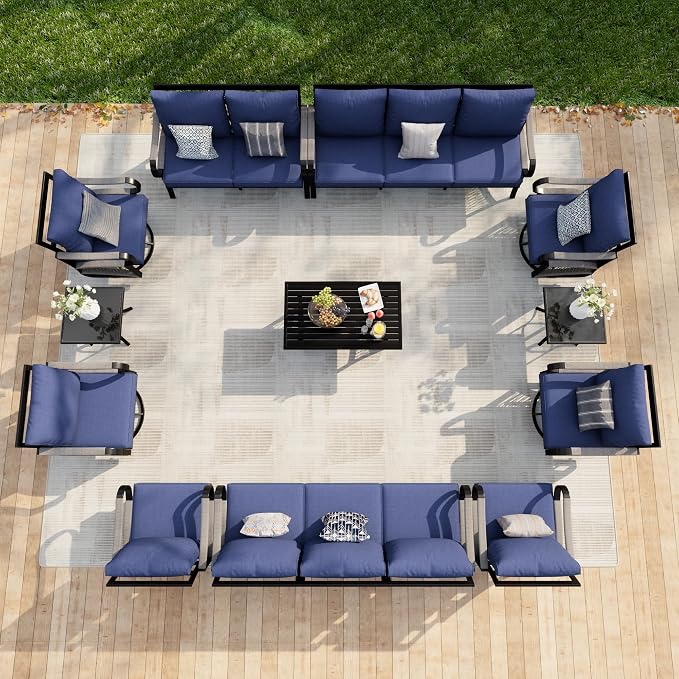 12-Piece Modern Patio Furniture Set, All Weather Metal Outdoor Conversation Sets with 5.1" Extra Thick Cushion for Backyard Garden Deck Porch Poolside, Blue