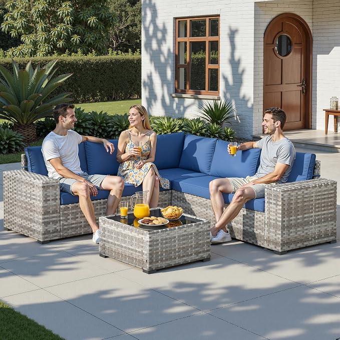 6 Pieces Patio Furniture Set, Outdoor Wicker Sectional Sofa with 7.7" Extra Wide Armrests, Modern Rattan Modular Conversation Set with Thickened Deep Seat Cushions for Backyard, Navy Blue
