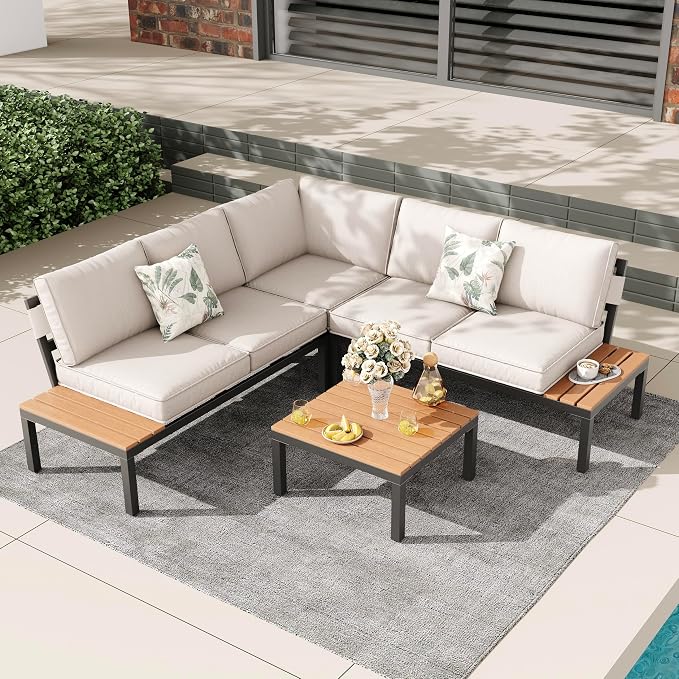 4-Piece Metal Patio Furniture Set, Outdoor Conversation Set with Adjustable Backrest, Waterproof Cushions,L-Shaped Outdoor Sectional with Wood-Look Tabletop & Sidetable for Backyard,Deck,Garden,Beige