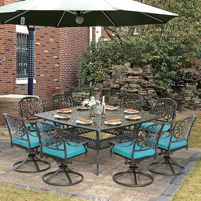 9-Piece Patio Cast Aluminum Dining Set, Outdoor Dining Furniture Set for 8 Person, Includes 64" Square Table and 8 Swivel Rocker Chairs with Umbrella Hole for Patio Deck Garden, Ocean Blue