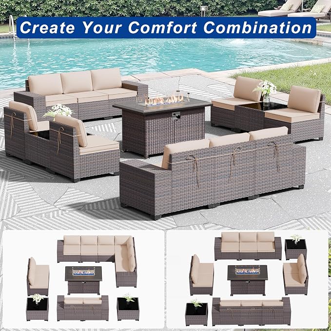 Outdoor Patio Furniture Set with Gas Fire Pit Table, 13 Pieces Outdoor Furniture Set Patio Sectional Sofa w/43in Propane Fire Pit, PE Wicker Rattan Patio Conversation Sets (Sand)