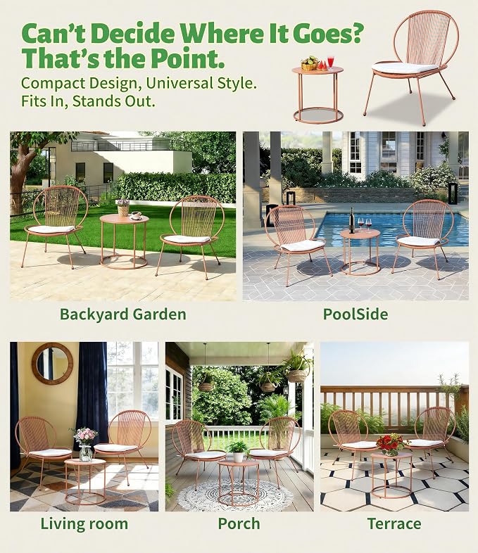 3-Piece Outdoor Patio Bistro Set, Wicker Chairs with Cushions, PE Rattan All-Weather Conversation Set with Coffee Table for Balcony, Porch, Backyard, Poolside, Garden, Deck, Terracotta