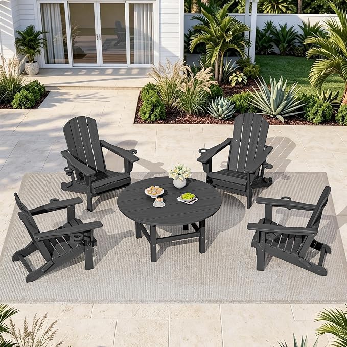 SERWALL 6-Piece Patio Set, 4 Folding Adirondack Chairs with Cup Holders, Round Table & Center Pole Umbrella, HDPE Plastic, Grey