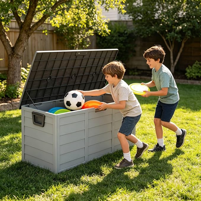 75 Gallon Large Outdoor Storage Box, Indoor and Outside Deck Box with Lockable Design Lids, Waterproof Resin Storage Containers Bin for Garden, Garage, Patio, Poolside, Toy Storage Grey