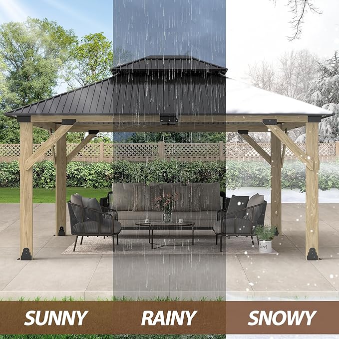 13x15 FT Wood Gazebo,Outdoor Wooden Hardtop Gazebo with Galvanized Steel Doule Roof,Cedar Wood Frame Gazebos Patio Backyard