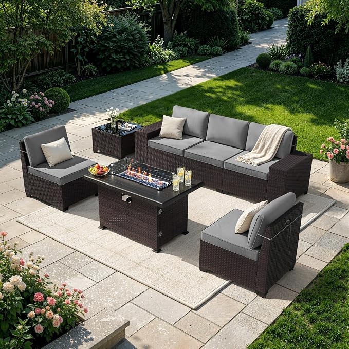 Patio Furniture Set 7 Pieces Outdoor Furniture Patio Conversation Set w/43in Gas Fire Pit,PE Rattan Wicker 7 Pcs Outdoor Sofa Set w/55000 BTU Propane Fire Pit Table,Grey