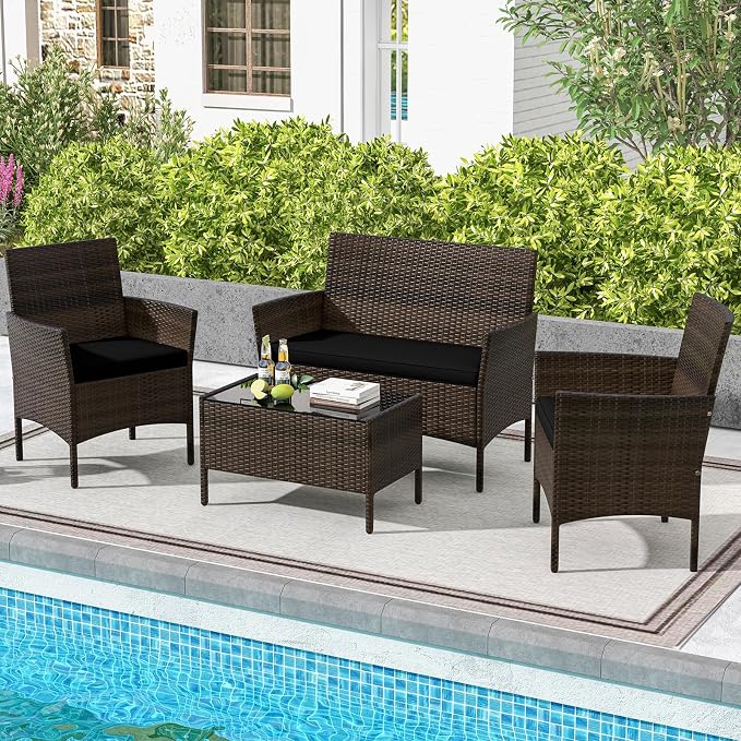 DORTALA Wicker Patio Furniture Set 4 Piece, Outdoor PE Rattan Table & Chairs Set with Tempered Glass Coffee Table, Loveseat, Cushions, Conversation Set for Balcony, Porch, Backyard, Deck, Black