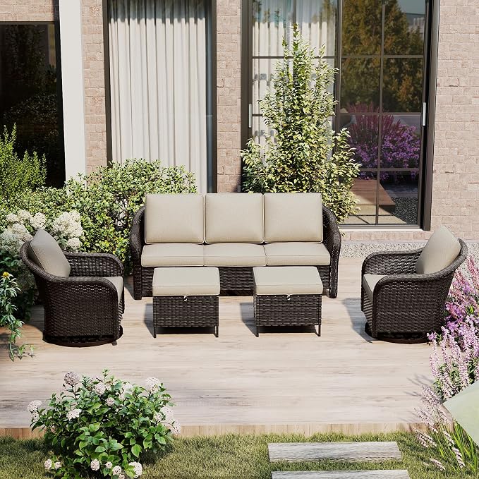5 Piece Patio Wicker Conversation Set, All-Weather Use Outdoor Wicker Sofa with 2 PE Rattan Ottomans,2 Swivel Chair, Ideal for Porch, Backyard, Balcony, Poolside, Beige