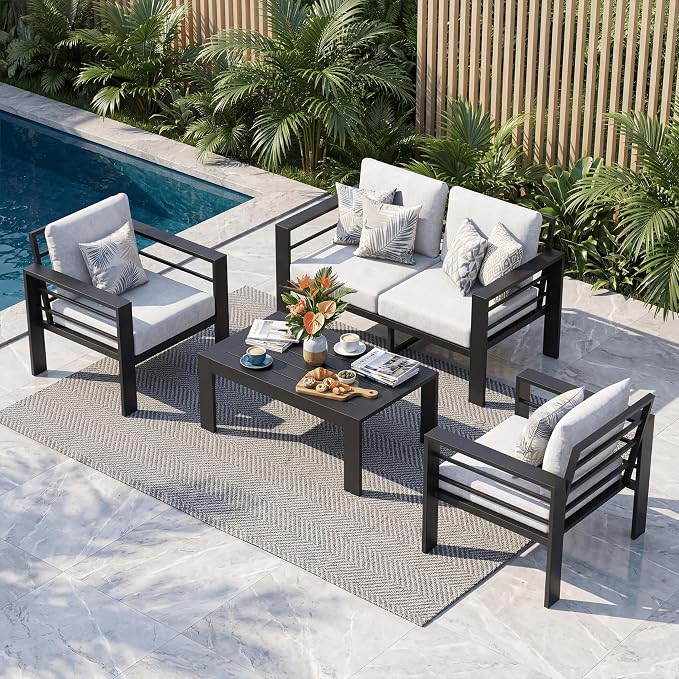 Aluminum Patio Furniture Set, 4 PCS Metal Oversized Outdoor Furniture Set Washable Thick Cushions, 4 Seat Patio Conversation Set with 3.54” Wide armrest and Coffee Table for Patio, Garden
