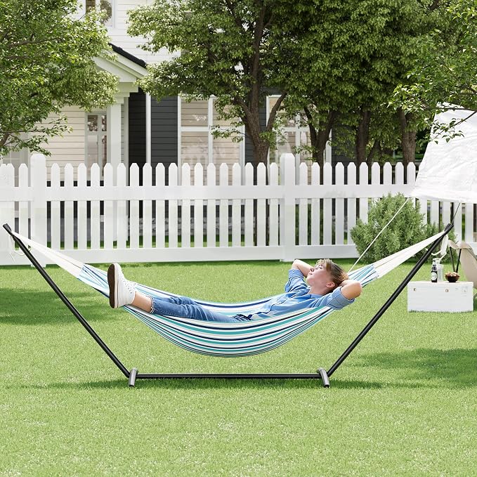 Double Cotton Hammock with Heavy Duty Steel Stand – 450 Lbs Capacity Brazilian Style Portable Hammock with Carry Bag for Backyard, Garden & Camping