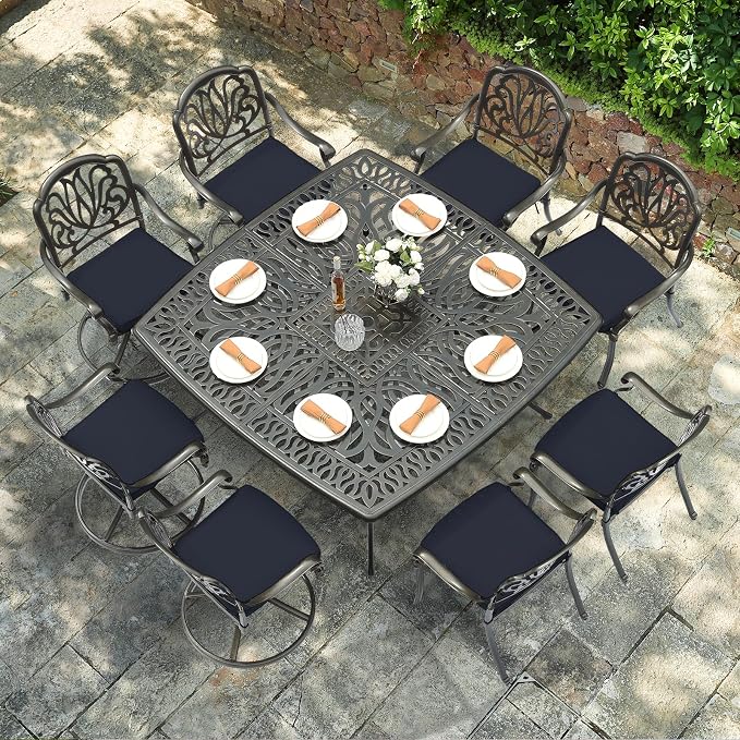 VIVIJASON 9-Piece Outdoor Furniture Dining Set, Cast Aluminum Patio Table and Chairs Set with 4 Stationary Chairs, 4 Swivel Rocker Chairs, 64" Large Square Dining Table, Umbrella Hole, Navy Blue