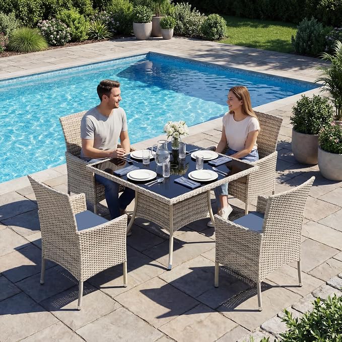 15-Piece Patio Dining Set, Patio Furniture Set with Square Tempered Glass Table & 12 Wicker Chairs, Expandable Design for Larger Groups, Outdoor Furniture for Backyard, Deck, Garden, Navy Blue