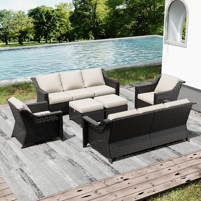 Joyside Wicker Patio Furniture Sets, 6 Pieces Upgraded Large Size Outdoor Furniture with Swivel Rocking Patio Chairs, Two 3-Seat Sofa, Outdoor Ottoman, Thick Cushions, Wide Armrest, Beige