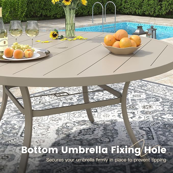 VICLLAX 11 Pieces Patio Outdoor Dining Set, 63" Round Metal Table with Umbrella Hole and 10 Stackable Textilene Chairs for Patio, Lawn, Garden, Porch, Sandshell