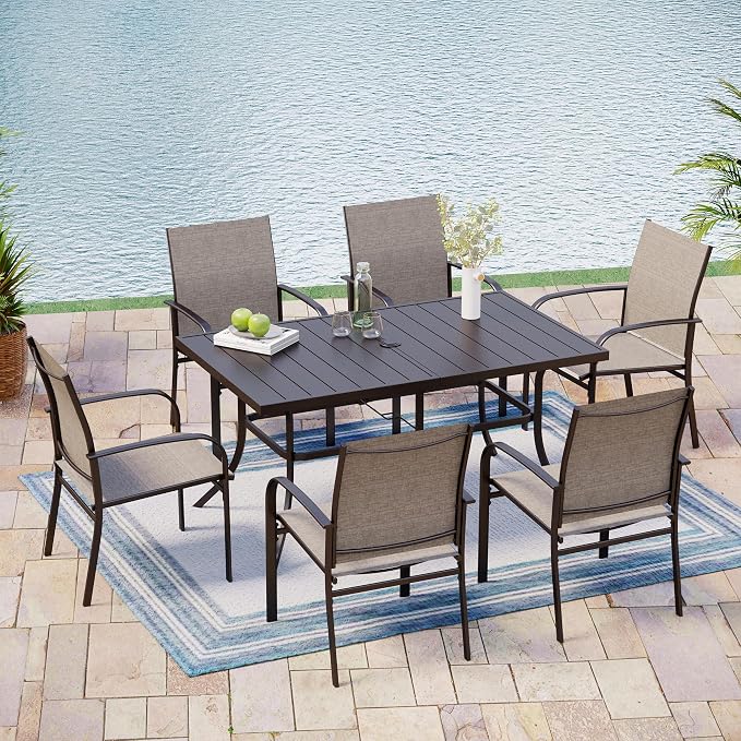 MIXPATIO Outdoor Patio Dining Set 7 Piece Furniture Set with Metal Patio Dining Table with Umbrella Hole Table for Deck Garden Backyard Lawn Poolside