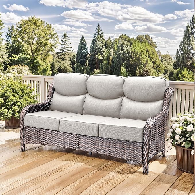 HUMMUH Luxury Patio Furniture Set 6-inch Thick Cushions High Back Swivel Rocker Chairs & 3 Seater-Couch & Steel Fire Pit Table 5 Pieces Outdoor Conversation Set for Porch,Deck,Backyard