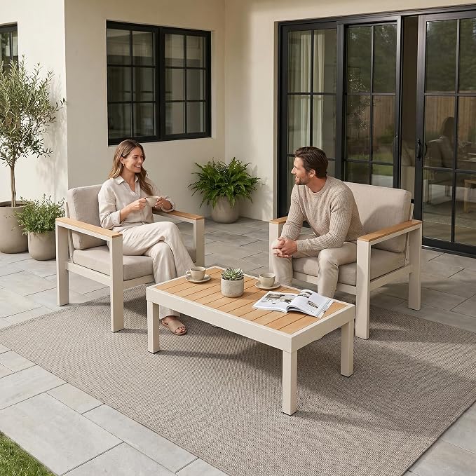Outdoor Patio Furniture Set, 3-Piece Aluminum Conversation Set with 2 Chairs and Coffee Table, 5-Inch Water-Resistant Cushions, Powder-Coated Frame for Porch, Deck, Backyard, Beige