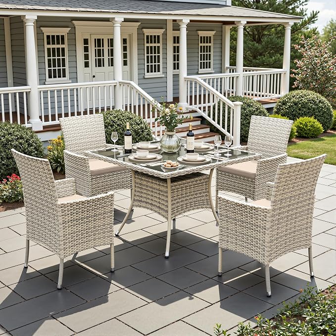 5-Piece Patio Dining Set, Patio Furniture Set with Square Tempered Glass Table & 4 Wicker Chairs, Expandable Design for Larger Groups, Outdoor Furniture for Backyard, Deck, Garden, Beige