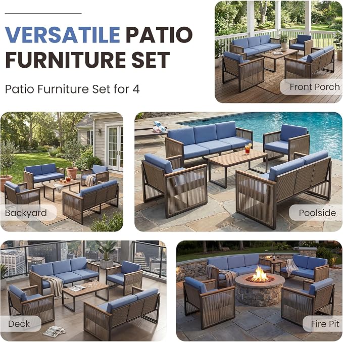 5 Piece Patio Conversation Set for 7, Modular Patio Sofa Couch with Cushions, Rattan Outdoor Patio Furniture Set with Loveseat/Coffee Table, Outdoor Sectional Furniture for Deck/Porch, Blue