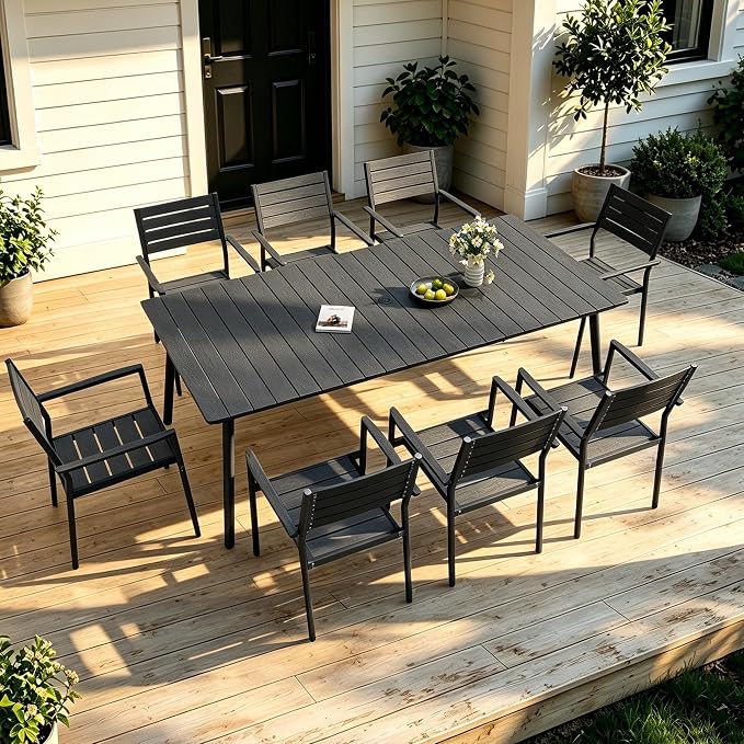 9-Piece Outdoor Dining Set for 8 Person with Black Wood-Grain Top | Armrest Stackable Chairs with 19.4" Seat Depth, Aluminum Frame Dining Furniture with Umbrella Hole for Deck, Porch & Backyard