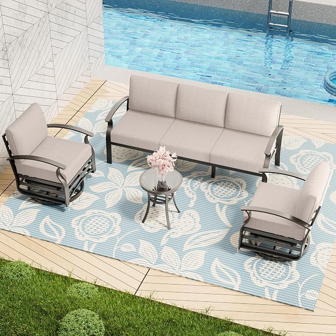 Patio Furniture Set 3-piece Aluminum Armrest Sofa, All-Weather Patio Conversation Set with Tempered Glass Top Table & Removable Sponge Cushions for Backyard Poolside - Sand.
