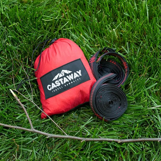 Hammock In a Bottle By Castaway Living, Red/Black Double Camping Hammock with 2 Tree Straps, 32 oz. Bottle, Triple Stitched Durable Nylon Material, Compact Design for Travel, Beach, Backyard, 400 Lbs.