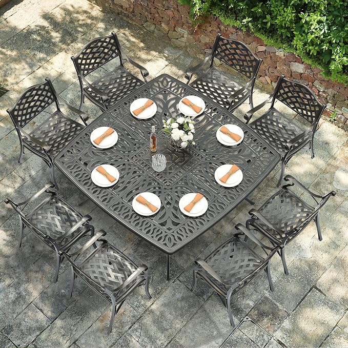 VIVIJASON 9-Piece Outdoor Dining Set, Cast Aluminum Retro Patio Furniture Table and Chairs Set for 8, Include Large 64" Square Dining Table and 8 Chairs with Umbrella Hole for Deck Porch