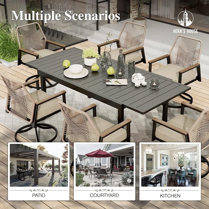 HERA'S HOUSE 9pc Patio Dining Set, 83" Metal Table & Swivel Rattan Chairs | Rectangle table with umbrella hole, 8 cushioned chairs. Waterproof, rust-resistant, all-weather for backyard, porch.