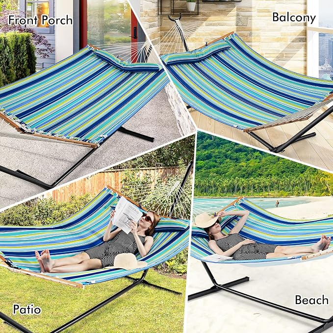 Giantex Hammock Swing Camping Hammock for Stand with Spreader Bar, Detachable Pillow, Hand Woven Cotton Ropes, Outdoor Hammocks for Patio, Backyard, Poolside(Hammock Without Stand) (Blue + Green)