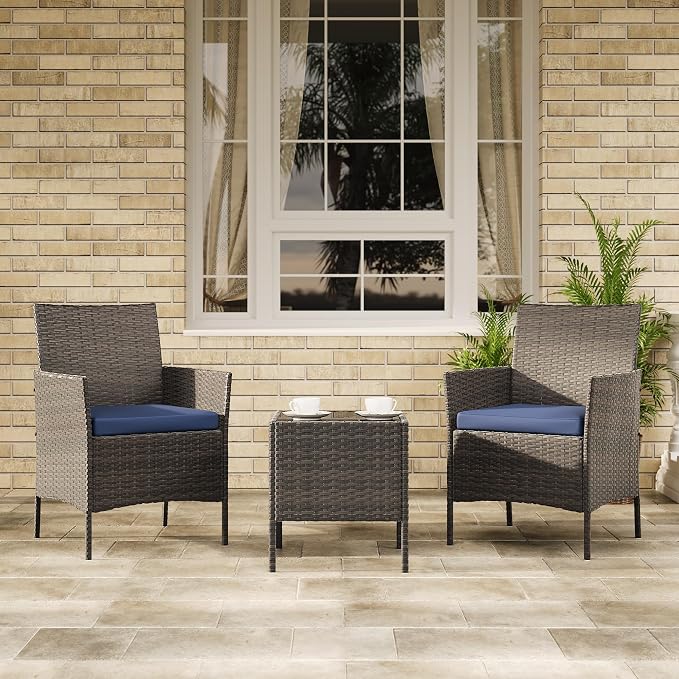 Garvee Patio Conversation Set 3 Piece, Brown Wicker Rattan Outdoor Furniture Set with Cushioned Chairs and Glass Top Coffee Table for Small Patio, Porch, Balcony, Backyard