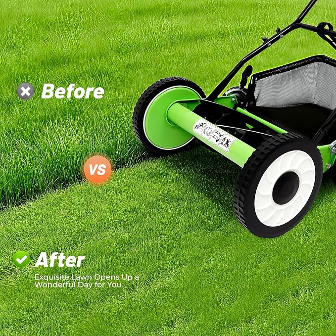 Manual Reel Lawn Mower, 16-Inch Cordless Reel Lawn Mower, Reel Lawnmower with Adjustable Height, Handle & 5-Blade for Villa Yards Park Greening Factory Greening