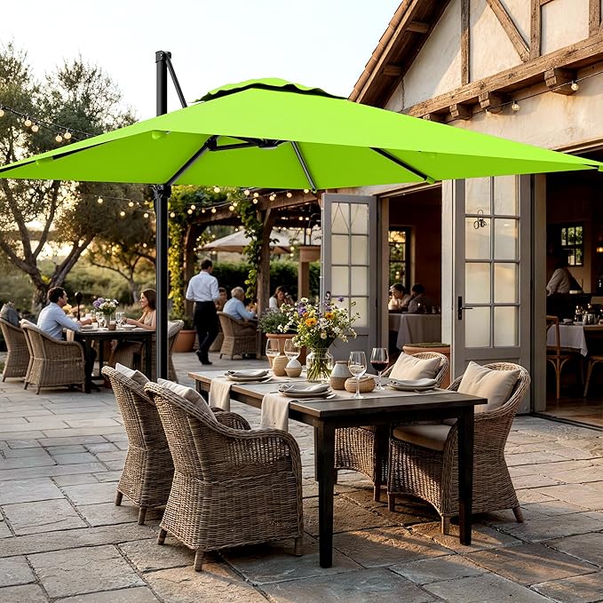AreShark 10 × 10FT Square Cantilever Patio Umbrella with Base Included, 360° Rotation Offset Outdoor Umbrella, 5 Tilt Settings Heavy Duty Hanging Parasol for Deck Garden Pool, Apple Green