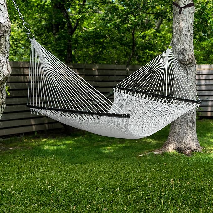 Bliss Hammocks BH-415 2-Person Weekender 12’ Long Deluxe Rope Hammock, 4 mm Thick Handwoven Polyester Rope, Patio Yard Poolside Outdoor Hammock, 55-Inch Spreader Bar Supports up to 450 lbs, Natural