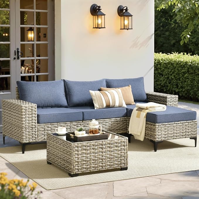 ovios 5-Piece Patio Furniture Set with L-Shape Sofa Chaise, Outdoor Sectional Couch Coffee Table, Modern Modular Wicker Rattan Conversation Set, Denim Blue