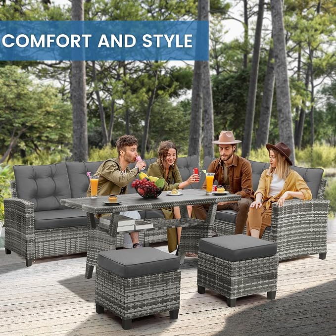 KROFEM 6 Piece Patio Furniture Set, Dining and Conversation Set, Grey | UV Treated Wicker, Machine Washable Cushions, Seats 7, 2 Ottomans, 3 Sofa Section, Dining Table, Rustproof Frame