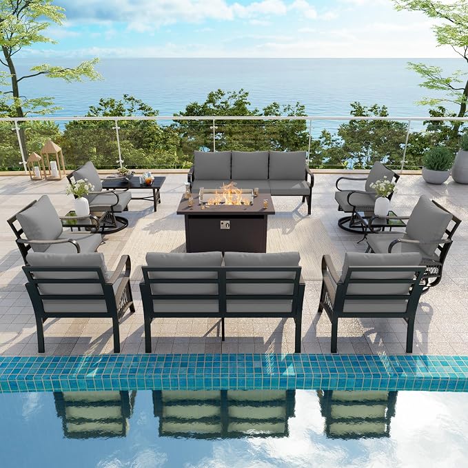 12-Piece Outdoor Furniture Set, Metal Swivel Rocking Chairs with All-Weather Cushions, Patio Conversation Set with Fire Pit Table for Deck, Porch, Garden, Backyard, Poolside (Gray Cushions)