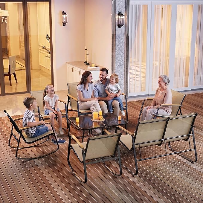 Ahomly 8-Piece Outdoor Patio Furniture Set, Textilene Conversation Set with Rocking Chairs, Loveseat, and Tempered Glass Coffee Table, for Lawn, Garden, Balcony, Poolside (Brown)