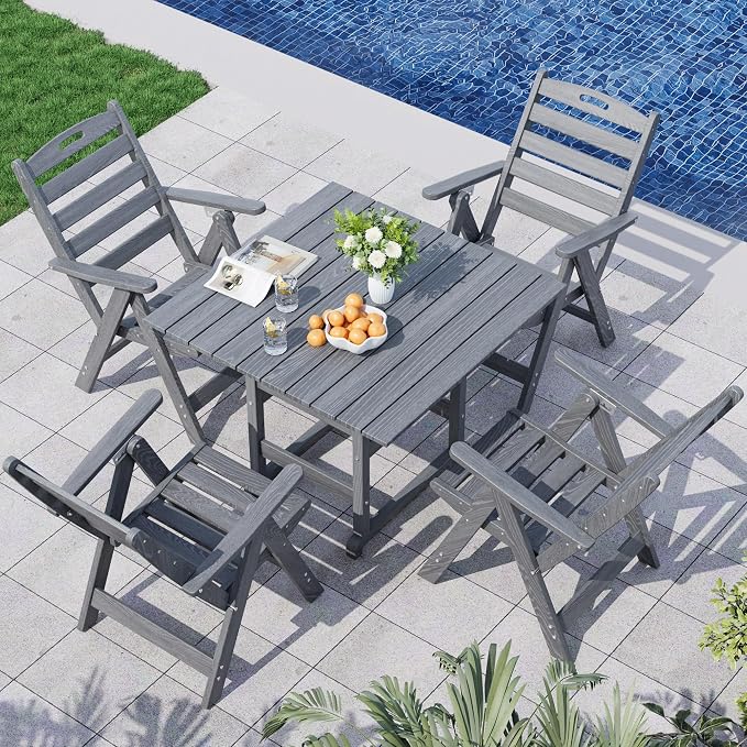 5-Piece Outdoor Dining Set, No-Assembly Foldable Chairs, All-Weather HDPE Outdoor Table and Chairs with Elegant Armrest, Patio Furniture Sets with Umbrella Hole for Patio, Gray