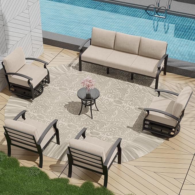 Patio Furniture Set 6-Piece Aluminum Armrest Sofa, All-Weather Patio Conversation Set with Tempered Glass Top Table & Removable Sponge Cushions for Backyard Poolside-Sand
