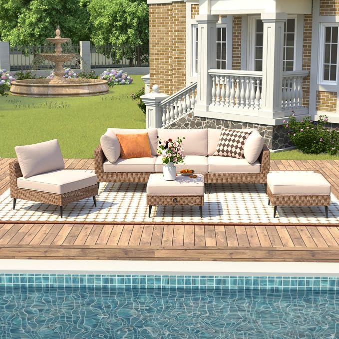 LVUYOYO 6 Pieces Outdoor Patio Furniture Set, Wicker Sectional Sofa Set for All-Weather, Rattan Conversation Sets with Cushions and Storage for Deck, Backyard, Porch (Khaki)